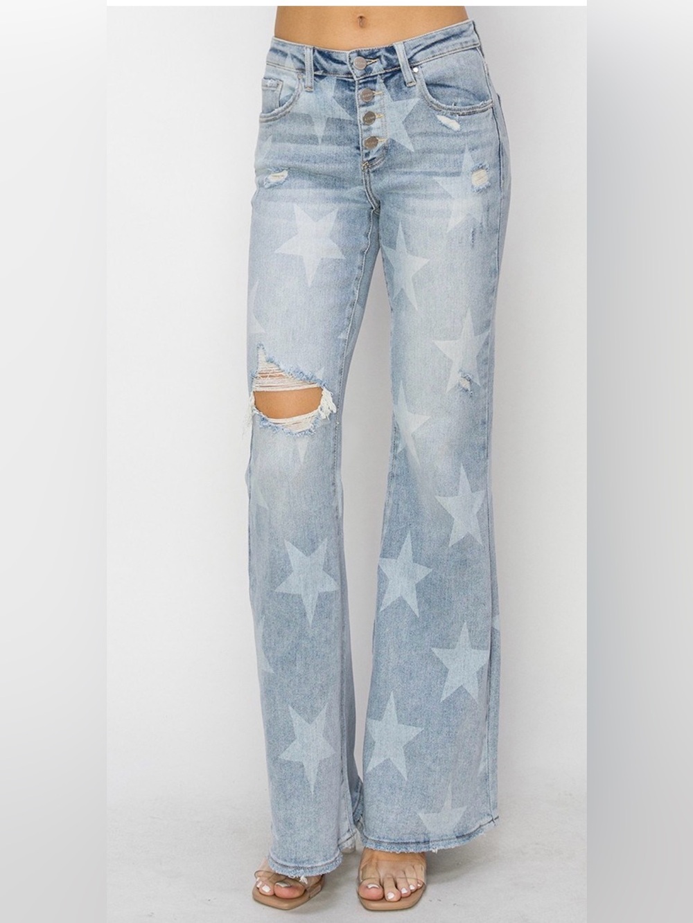 Risen MID RISE BUTTON DOWN WITH START PRINT FLARE JEANS
